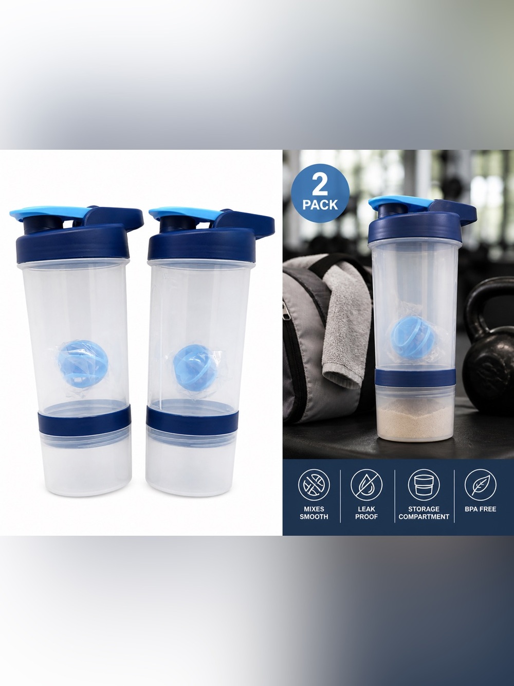 Blue Protein Shaker Bottle with Mixer Ball - 2 Pack